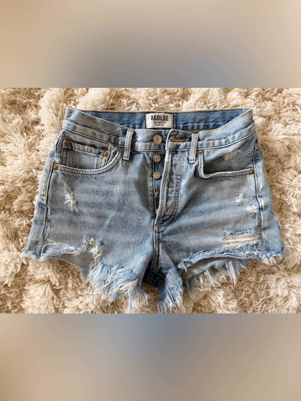 Agolde Frayed Light Blue High-Rise Denim Shorts